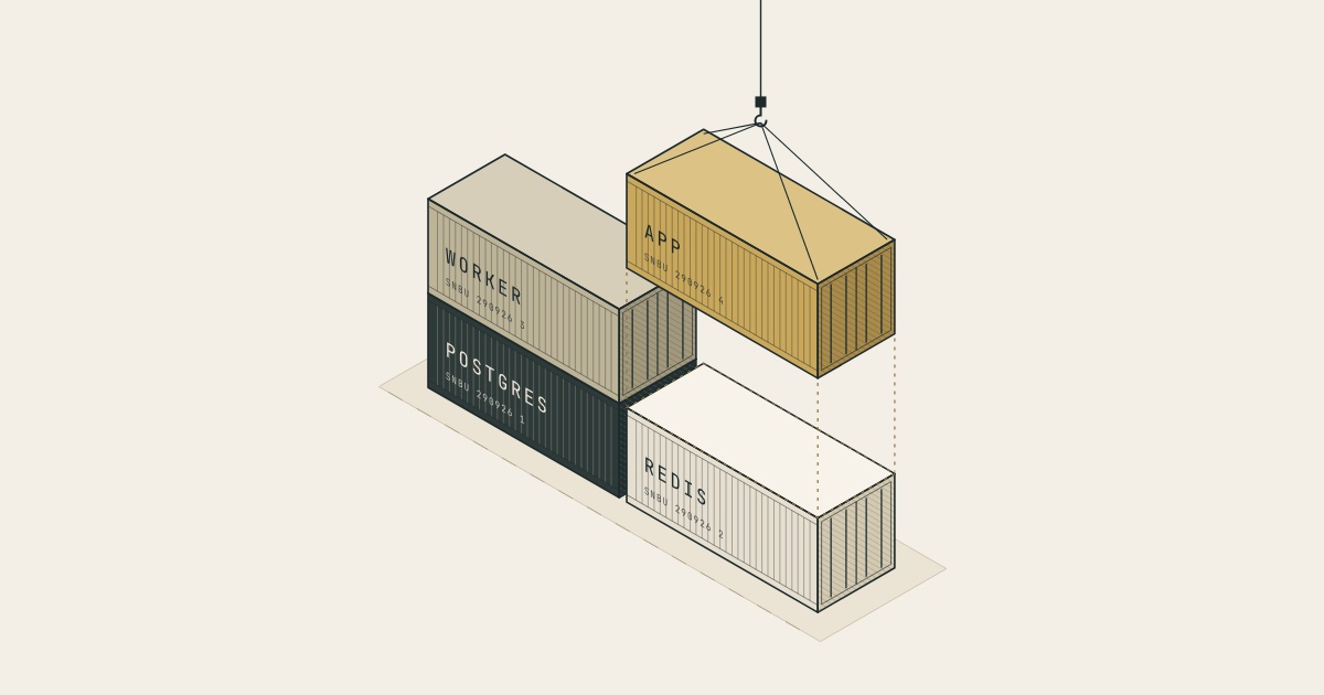 An isometric drawing of shipping containers labelled postgres, redis and worker, with a crane lowering a fourth container, app, onto the stack.